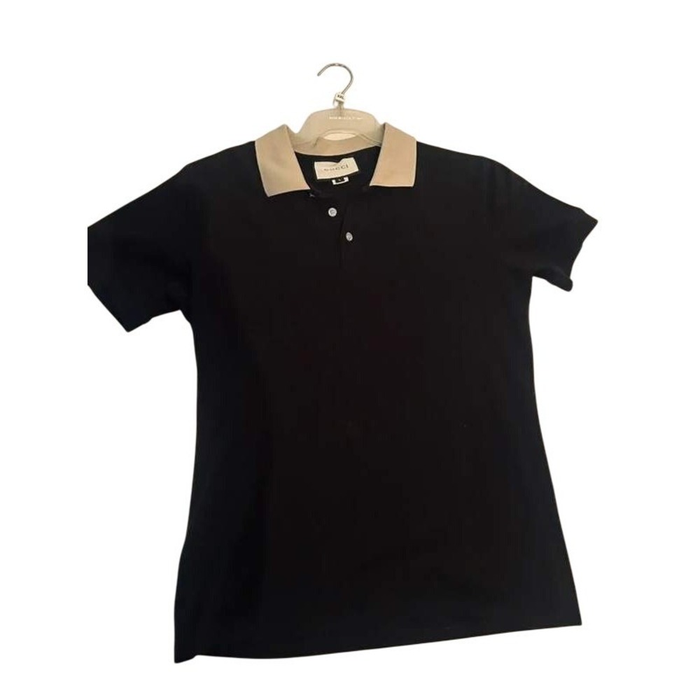 Gucci Mens Logo Tape Trim Polo Shirt Black Beige Collar Size L